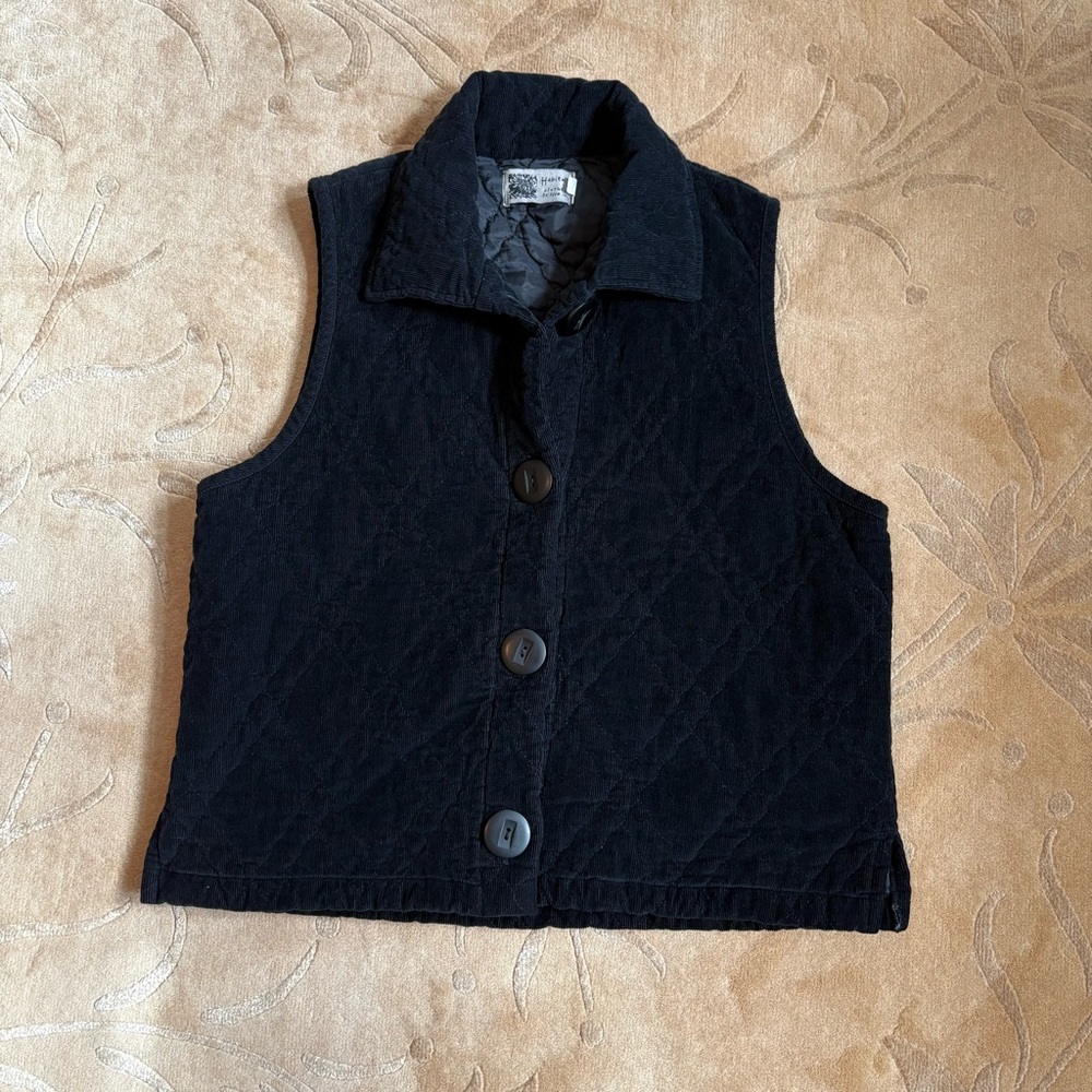 EUC, Habitat Black Corduroy Quilted Vest w/ Buttons, Collar & Side Slits. SZ L. - Picture 3 of 8